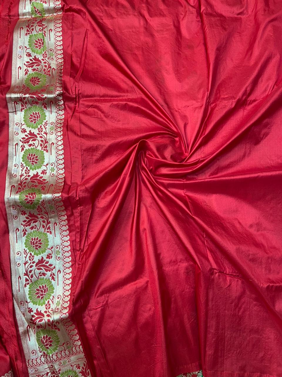 Vibrant Crimson Red Pure Katan Silk Banarasi Saree with Meenakari Floral Bootis