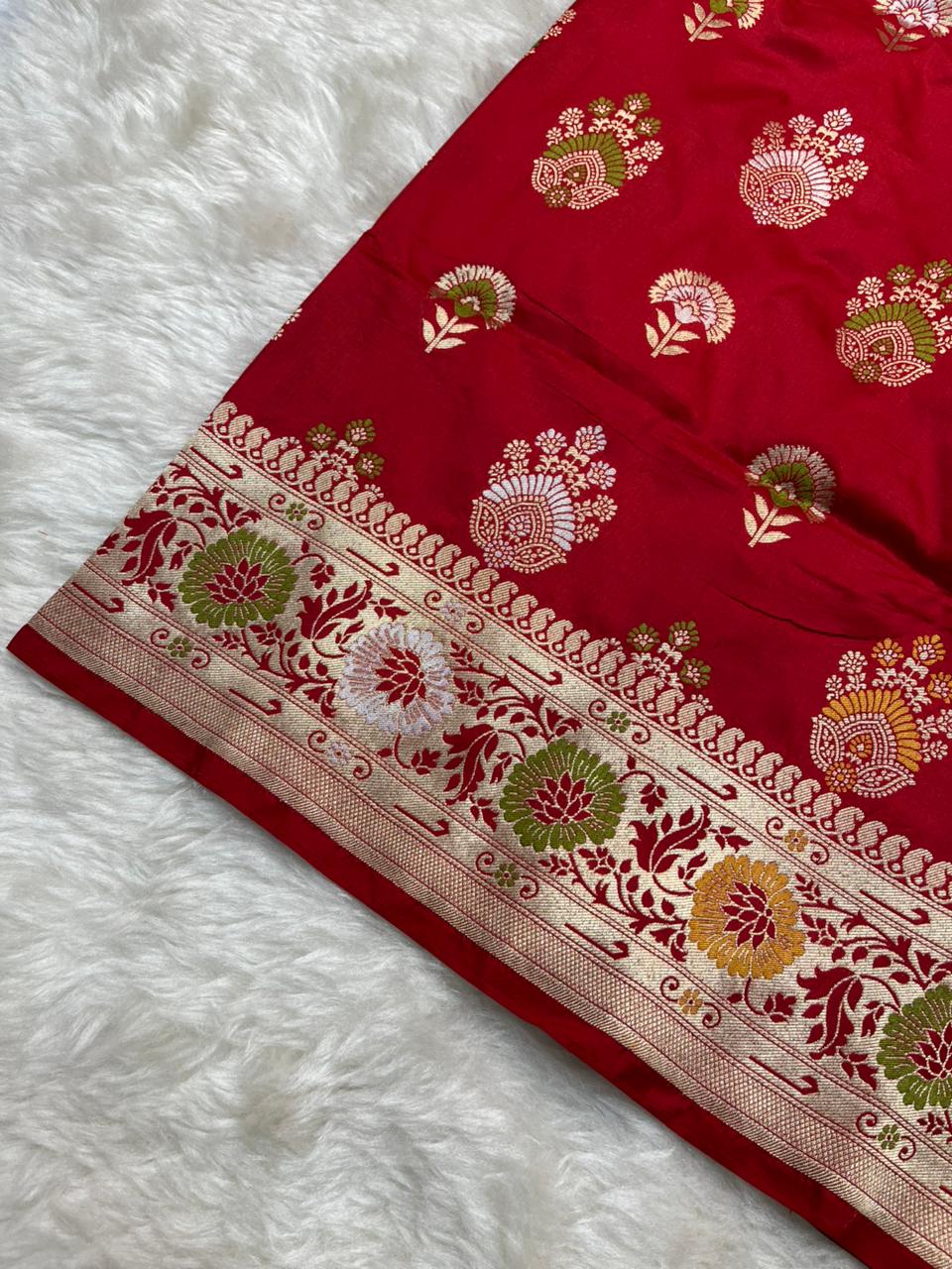 Vibrant Crimson Red Pure Katan Silk Banarasi Saree with Meenakari Floral Bootis