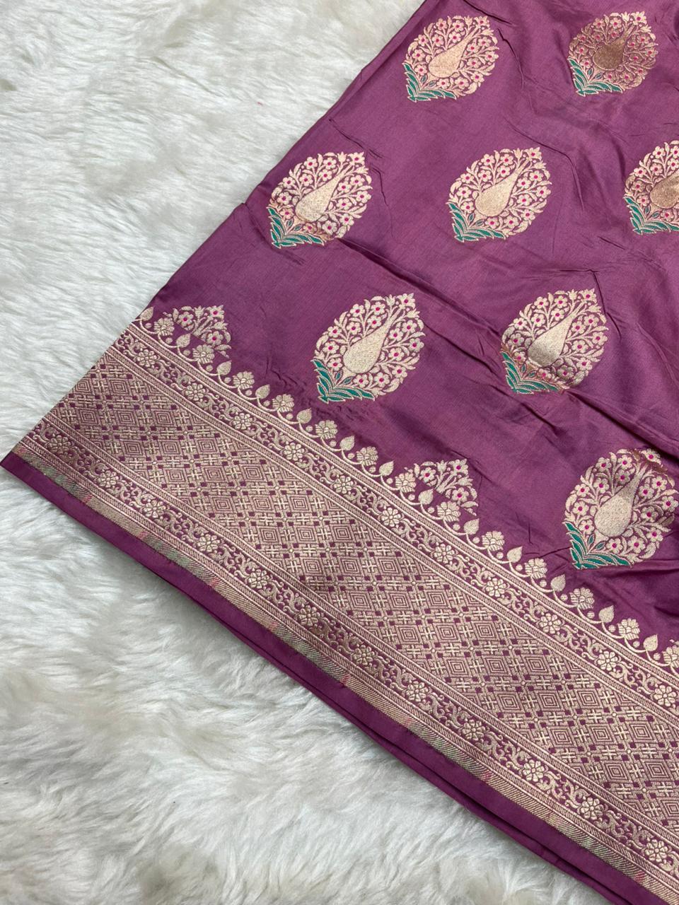Regal Plum Purple Pure Katan Silk Banarasi Saree with Meenakari Paisley Bootis