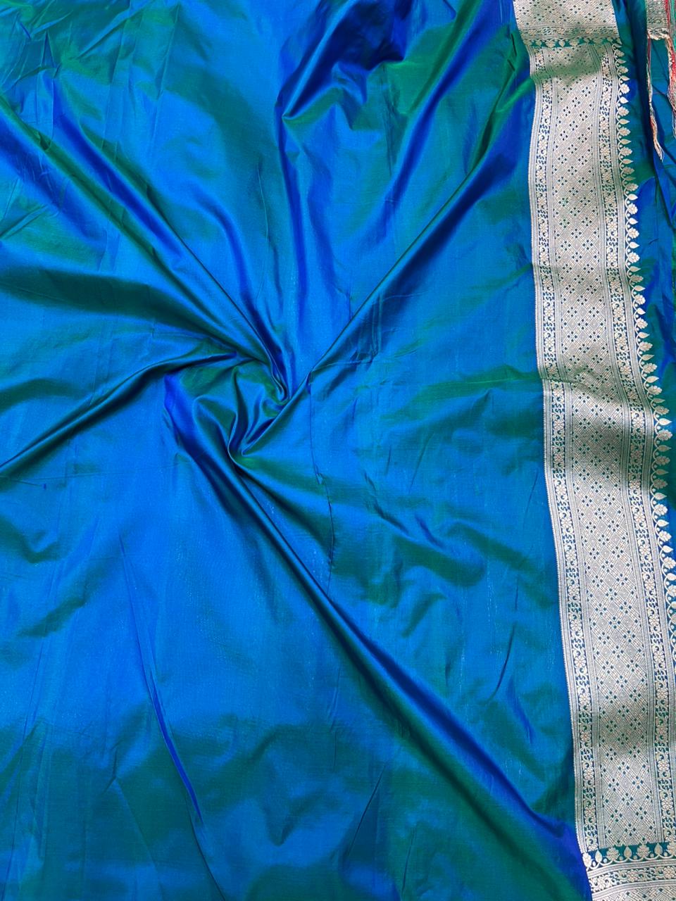 Majestic Peacock Blue Pure Katan Silk Banarasi Saree with Meenakari Paisley Bootis