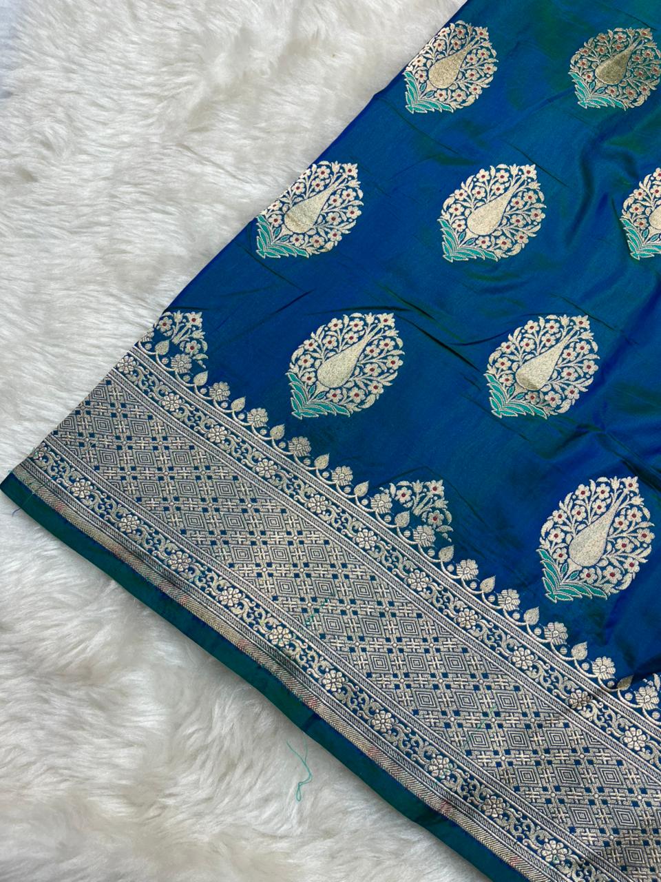 Majestic Peacock Blue Pure Katan Silk Banarasi Saree with Meenakari Paisley Bootis