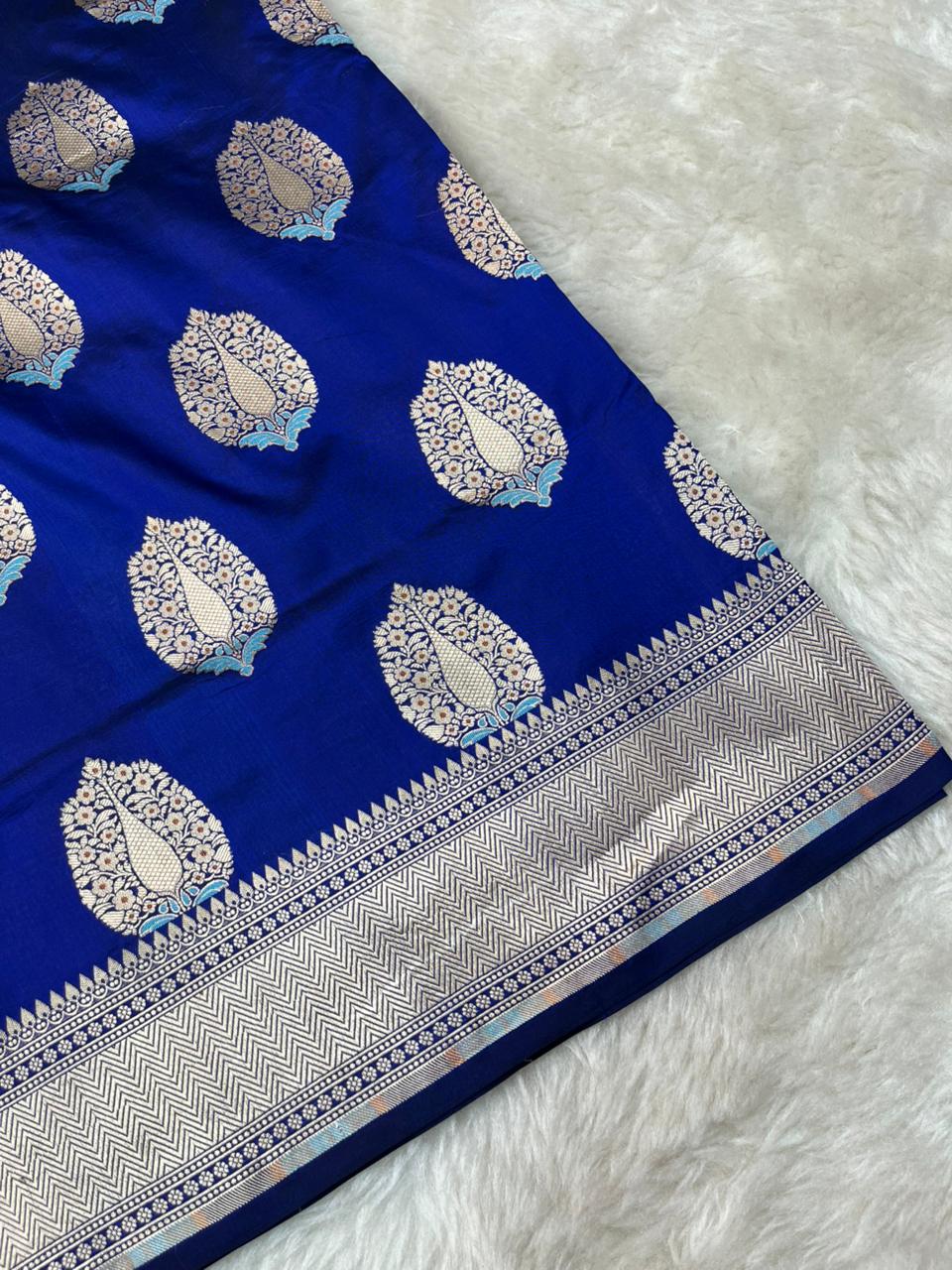 Striking Royal Blue Pure Katan Silk Banarasi Saree with Meenakari Paisley Bootis