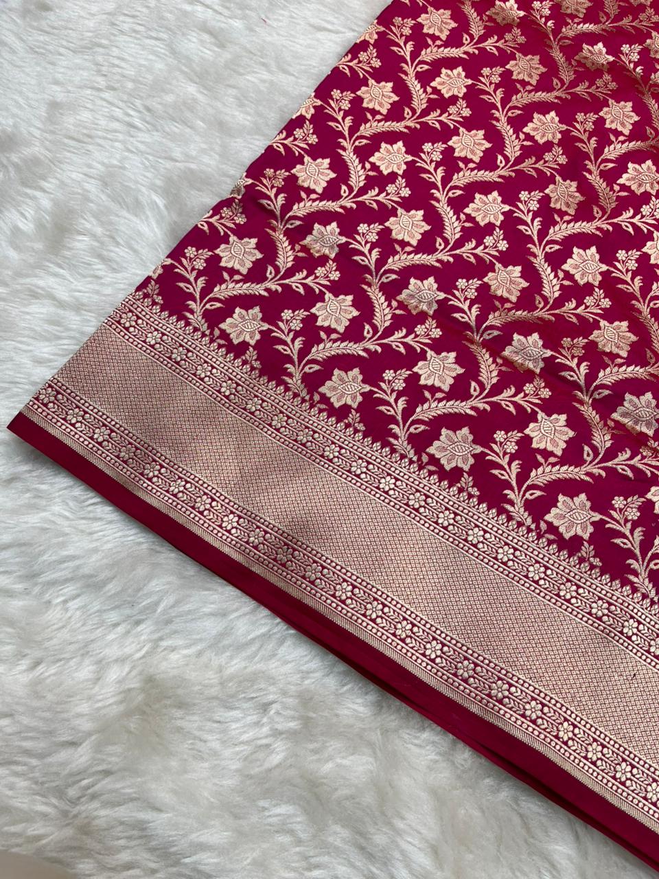 Classic Magenta Pink Katan Silk Banarasi Saree with Gold Zari Floral Jaal & Cutwork