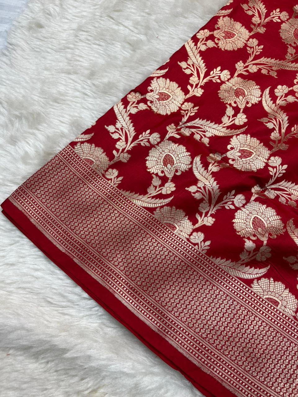 Classic Bridal Red Katan Silk Banarasi Saree with Pure Gold Zari Floral Jaal & Cutwork