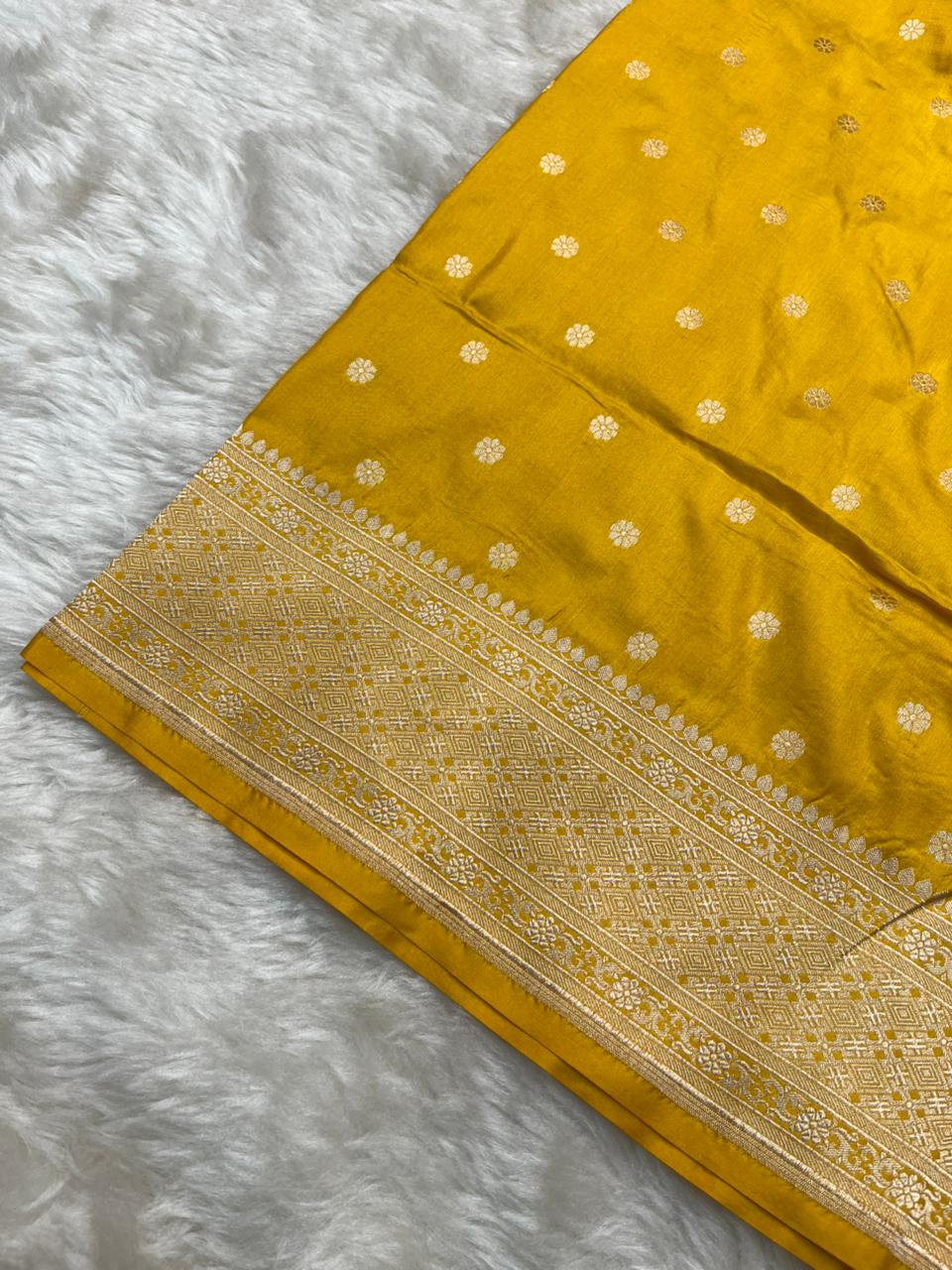 Radiant Sunshine Yellow Pure Katan Silk Banarasi Saree with Meenakari Floral Bootis