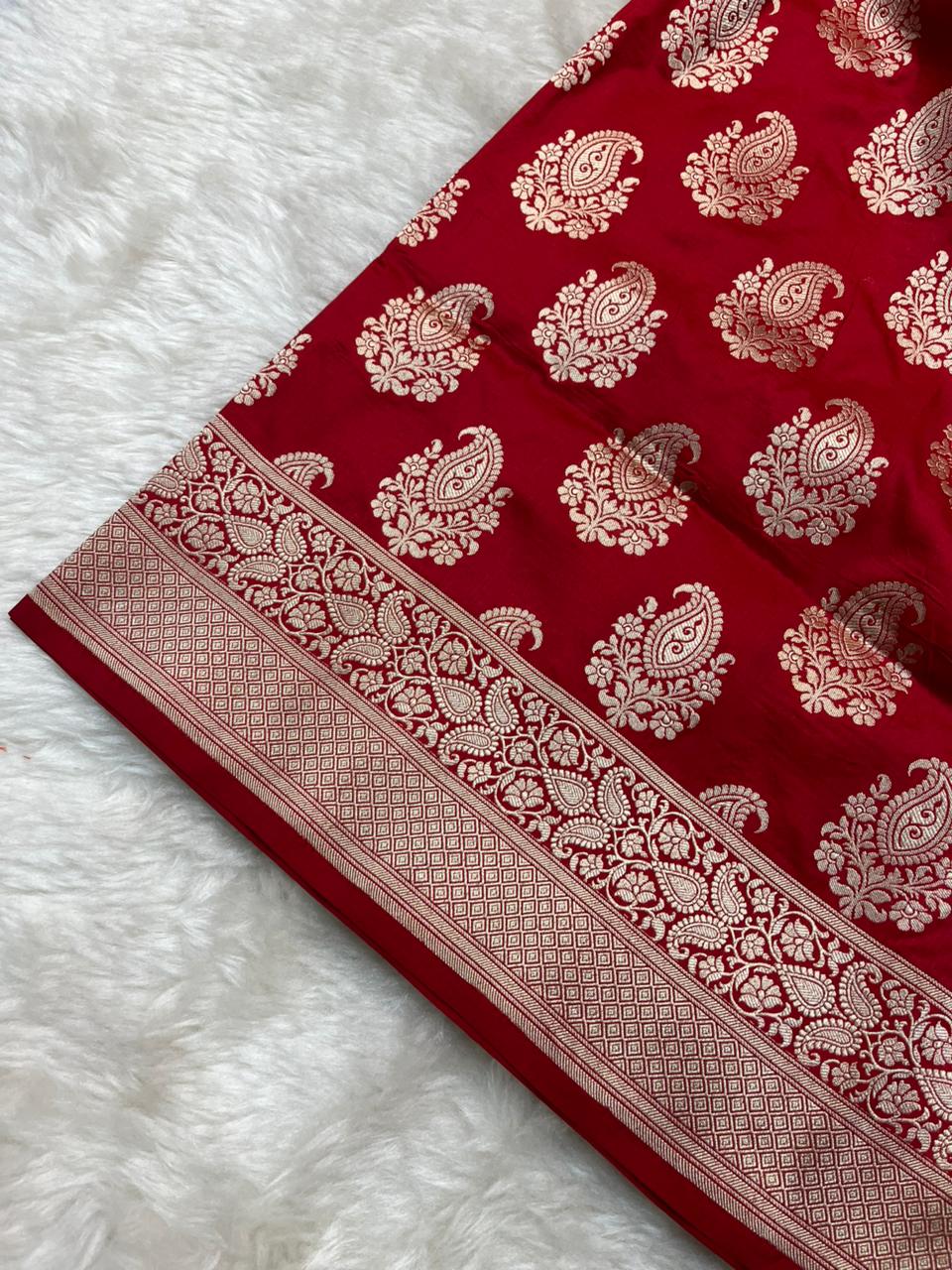 Majestic Bridal Red Pure Katan Silk Banarasi Saree with Gold Zari Paisley Bootis