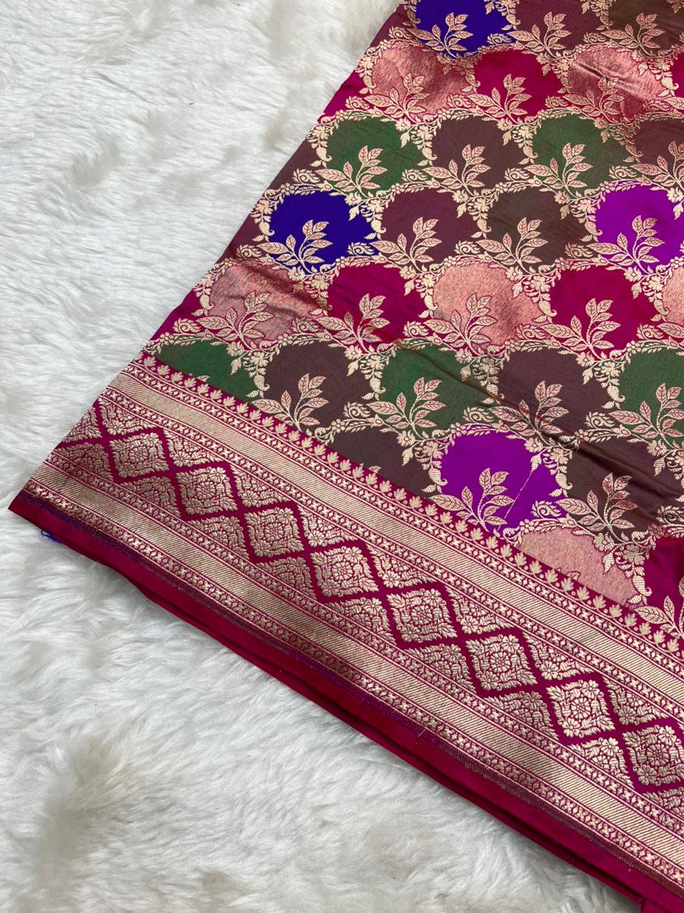 Majestic Magenta Pure Katan Silk Banarasi Rangkat Saree with Zari Jaal & Multi-Color Medallions