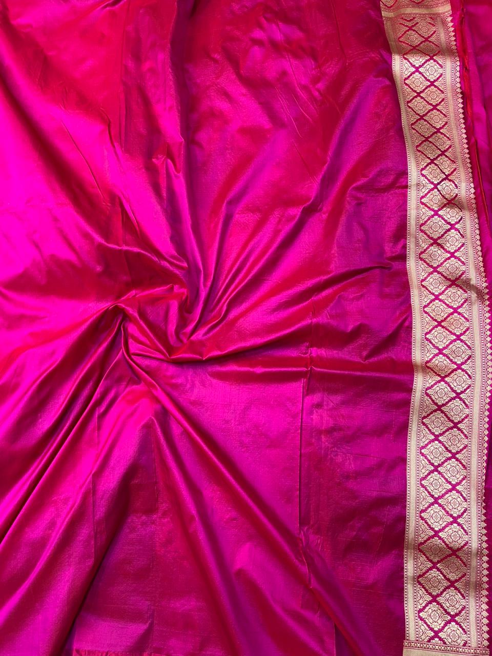 Majestic Magenta Pure Katan Silk Banarasi Rangkat Saree with Zari Jaal & Multi-Color Medallions