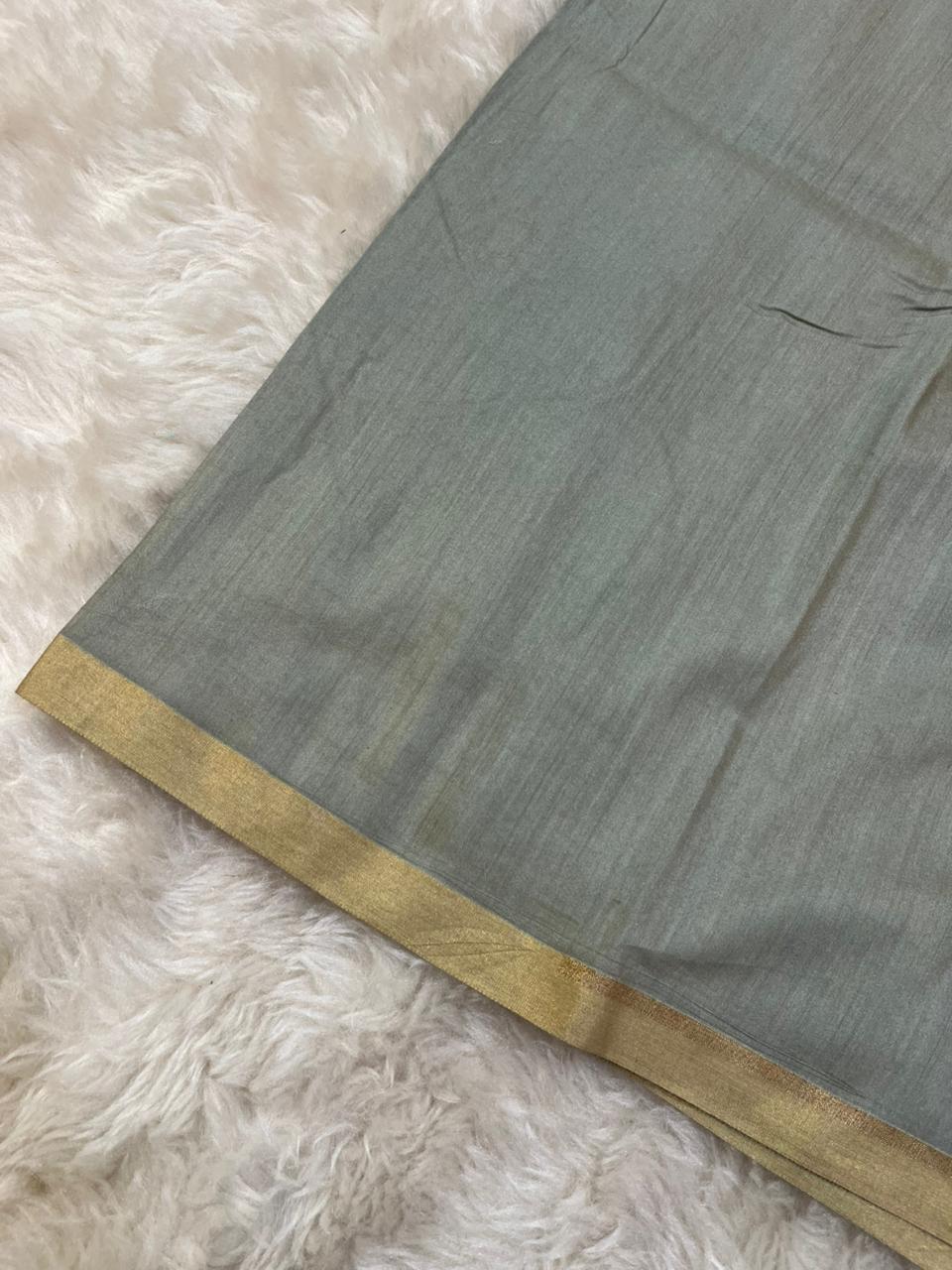 Sophisticated Slate Grey Pure Munga Silk Handloom Saree with Zari Polka Butis & Meenakari Pallu