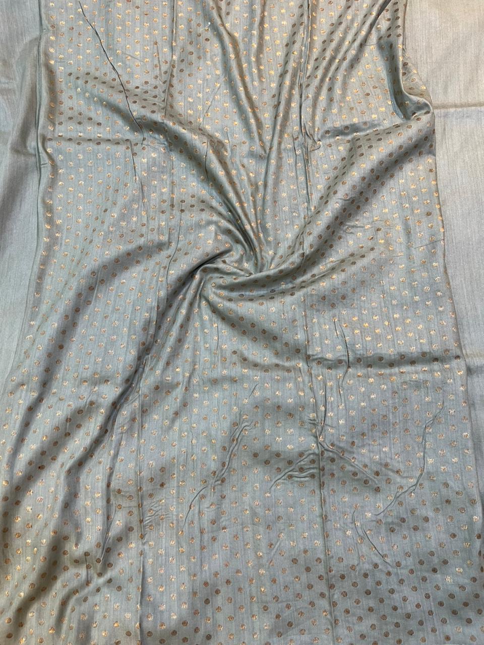 Sophisticated Slate Grey Pure Munga Silk Handloom Saree with Zari Polka Butis & Meenakari Pallu