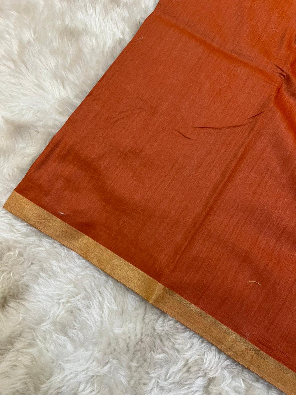 Radiant Rust Orange Pure Munga Silk Handloom Saree with Zari Polka Butis & Meenakari Pallu