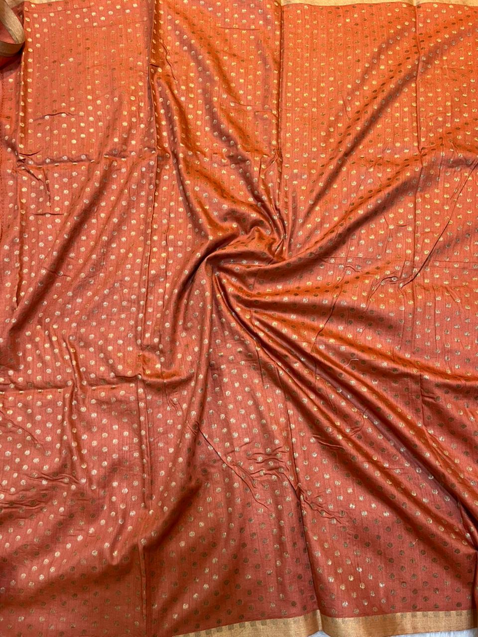 Radiant Rust Orange Pure Munga Silk Handloom Saree with Zari Polka Butis & Meenakari Pallu