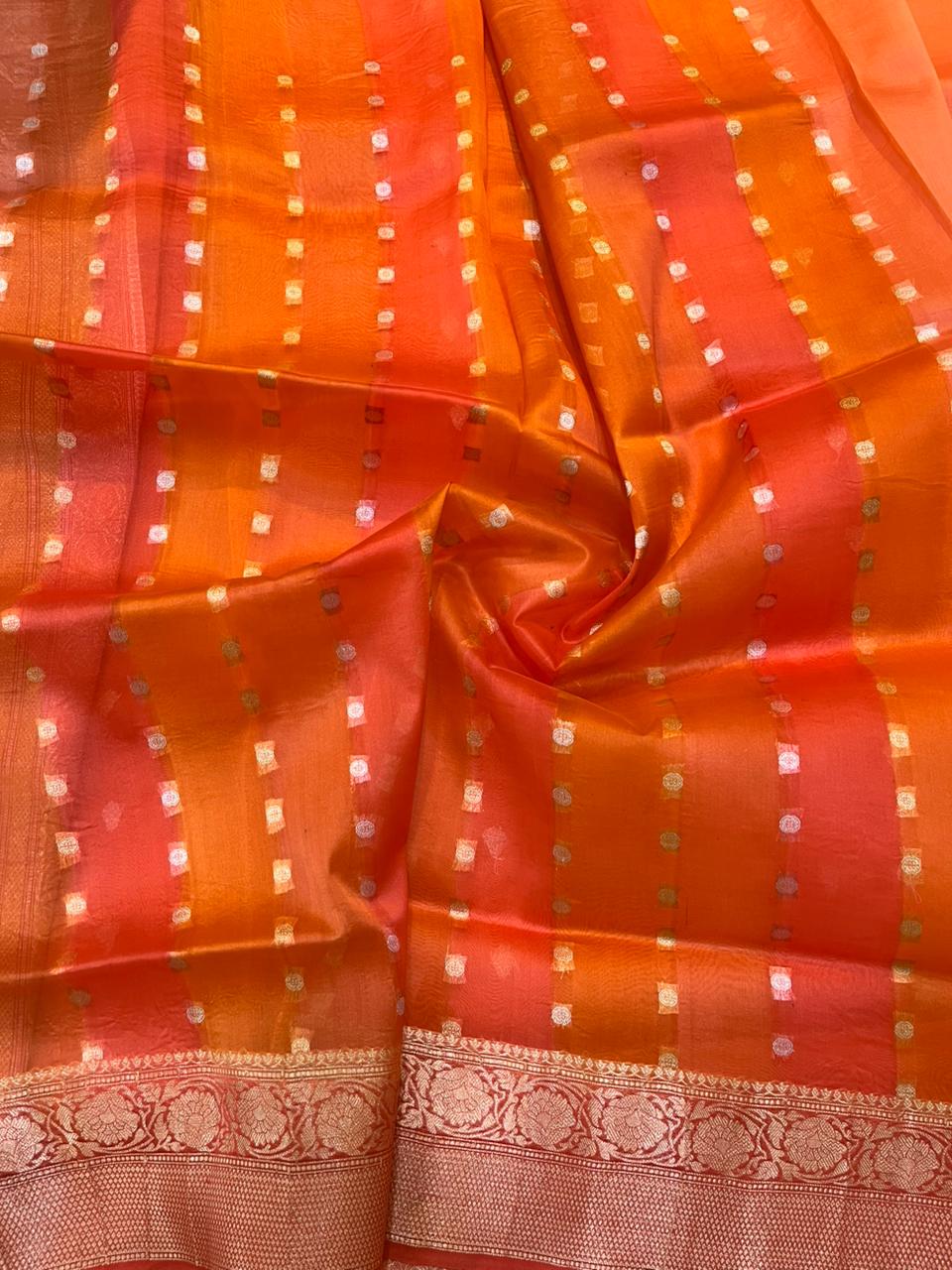 Vibrant Tangerine Ombre Pure Organza Banarasi Saree with Silver Zari Butis