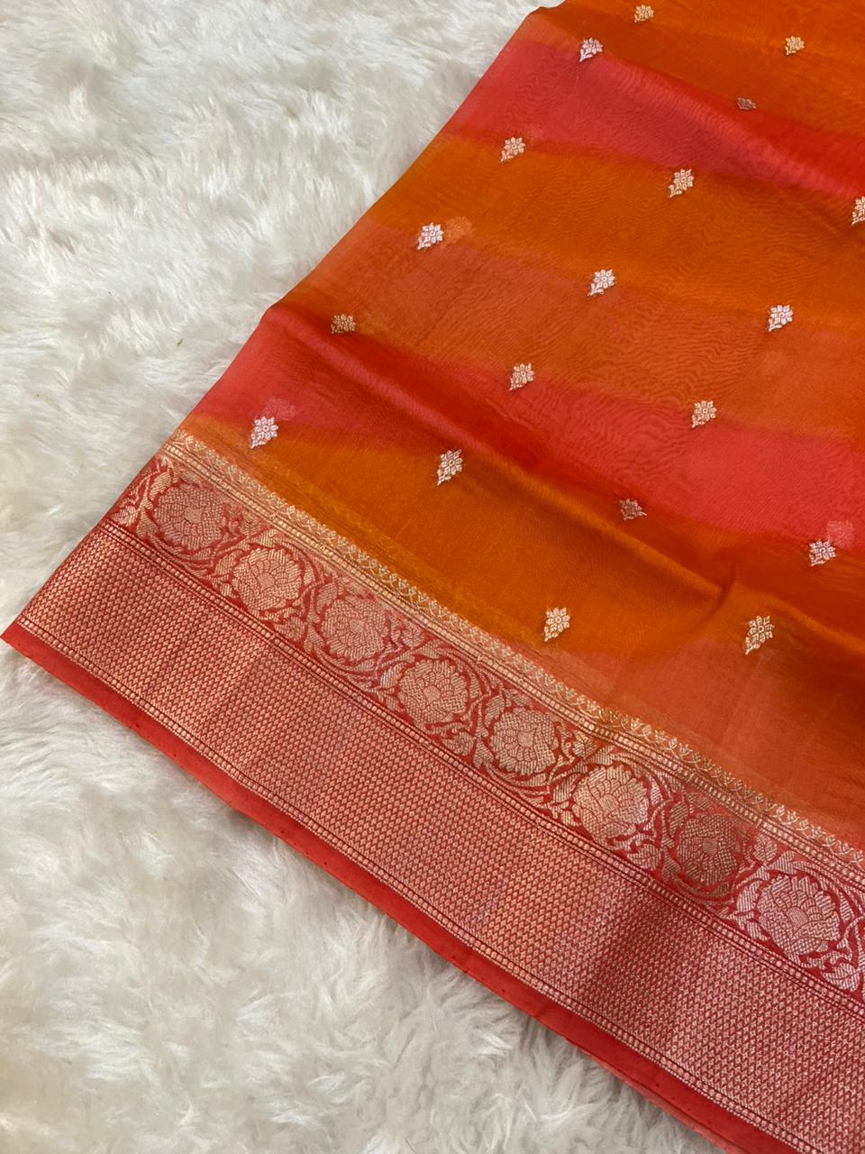 Vibrant Tangerine Ombre Pure Organza Banarasi Saree with Silver Zari Butis