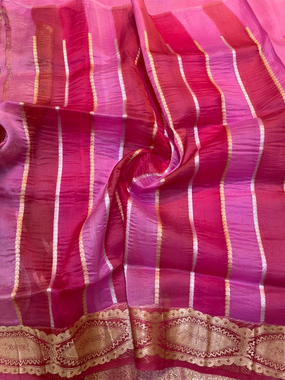 Radiant Fuchsia Ombre Pure Organza Banarasi Saree with Zari Leaf Butis
