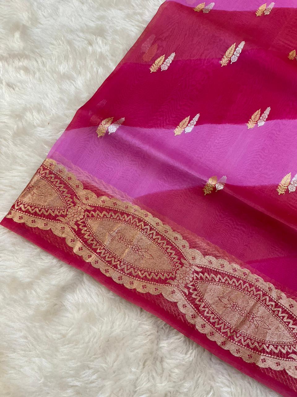 Radiant Fuchsia Ombre Pure Organza Banarasi Saree with Zari Leaf Butis