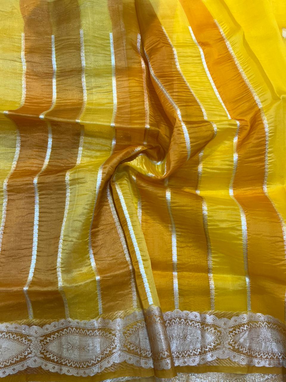 Radiant Sunshine Yellow Ombre Pure Organza Banarasi Saree with Zari Leaf Butis