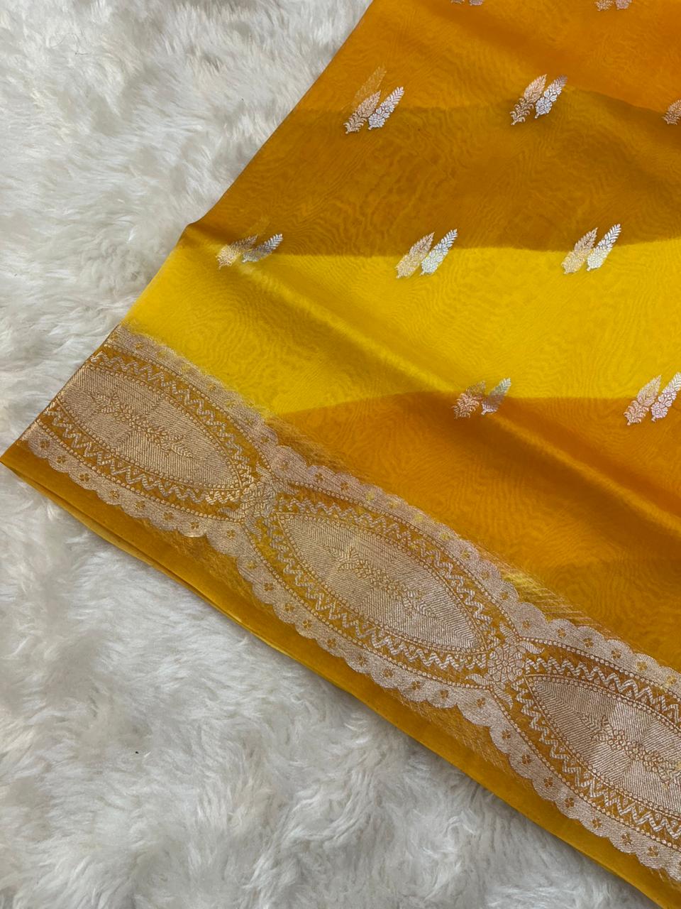 Radiant Sunshine Yellow Ombre Pure Organza Banarasi Saree with Zari Leaf Butis