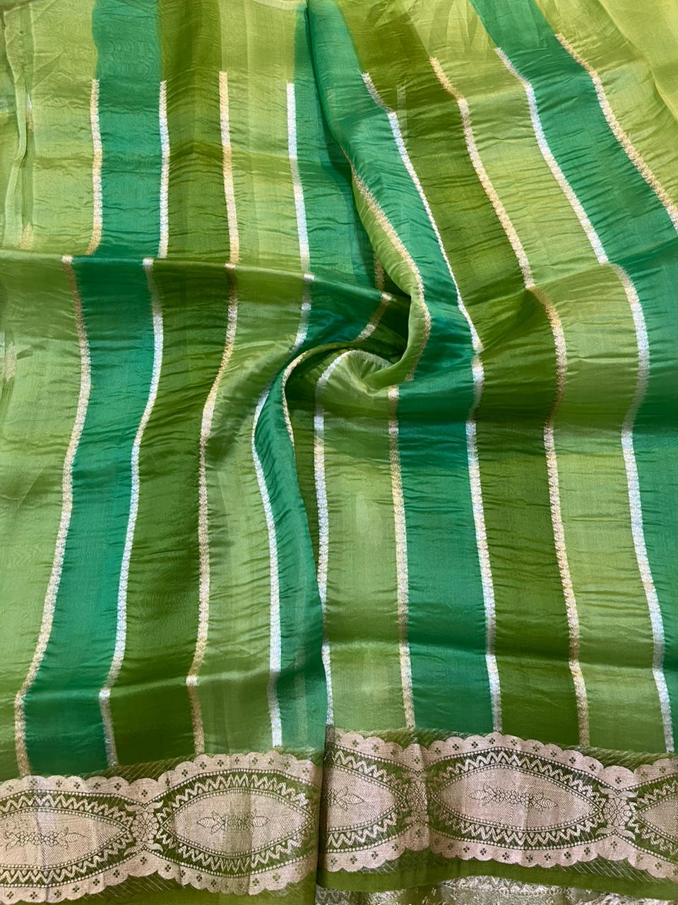 Lush Green Ombre Pure Organza Banarasi Saree with Zari Leaf Butis