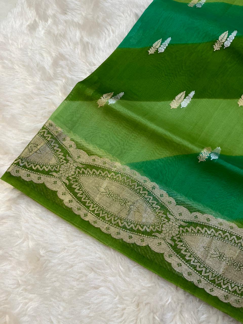 Lush Green Ombre Pure Organza Banarasi Saree with Zari Leaf Butis