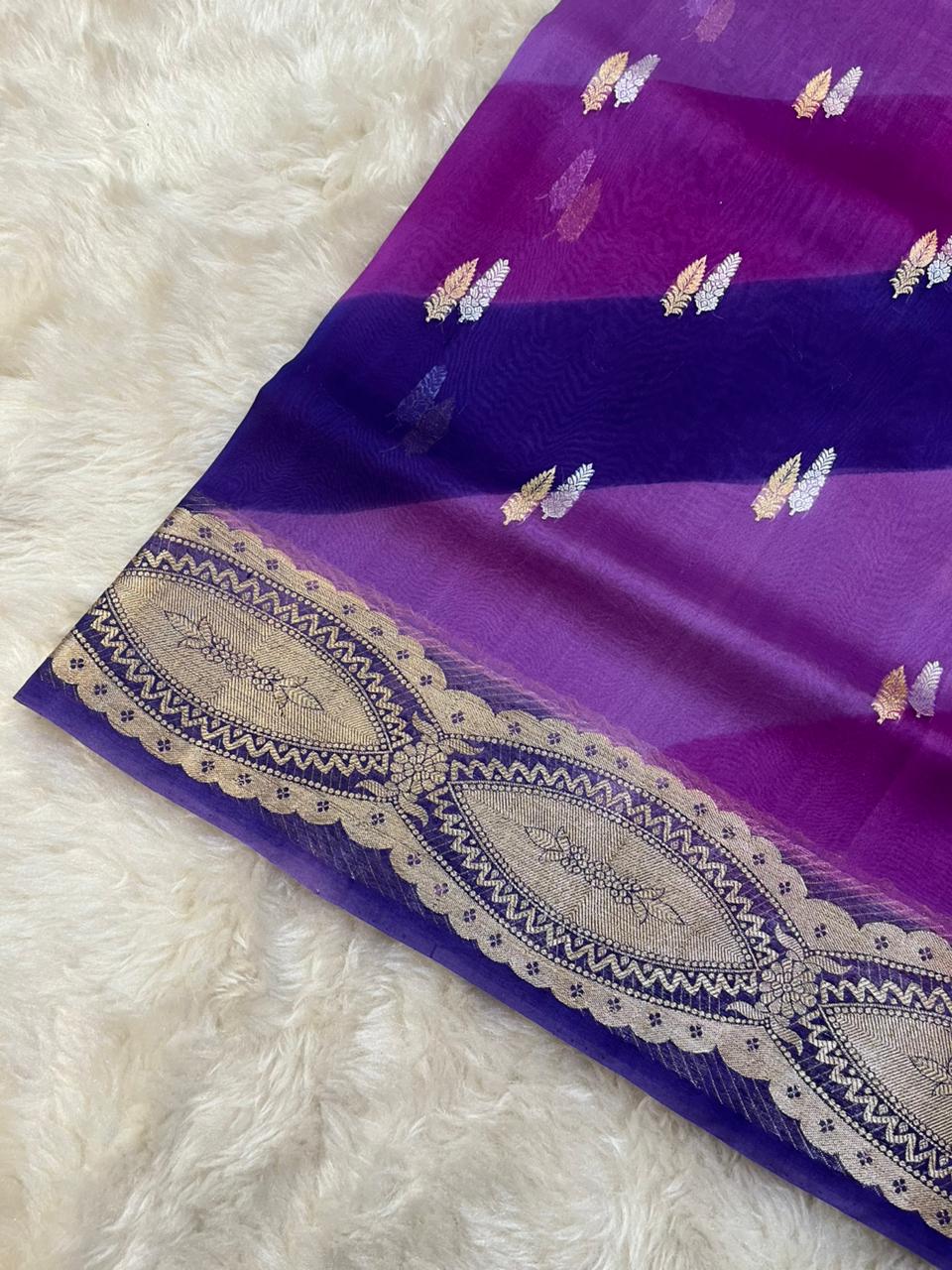 Majestic Purple Ombre Pure Organza Banarasi Saree with Zari Leaf Butis