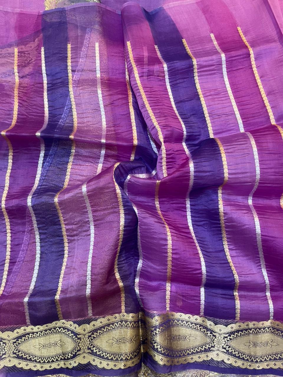 Majestic Purple Ombre Pure Organza Banarasi Saree with Zari Leaf Butis