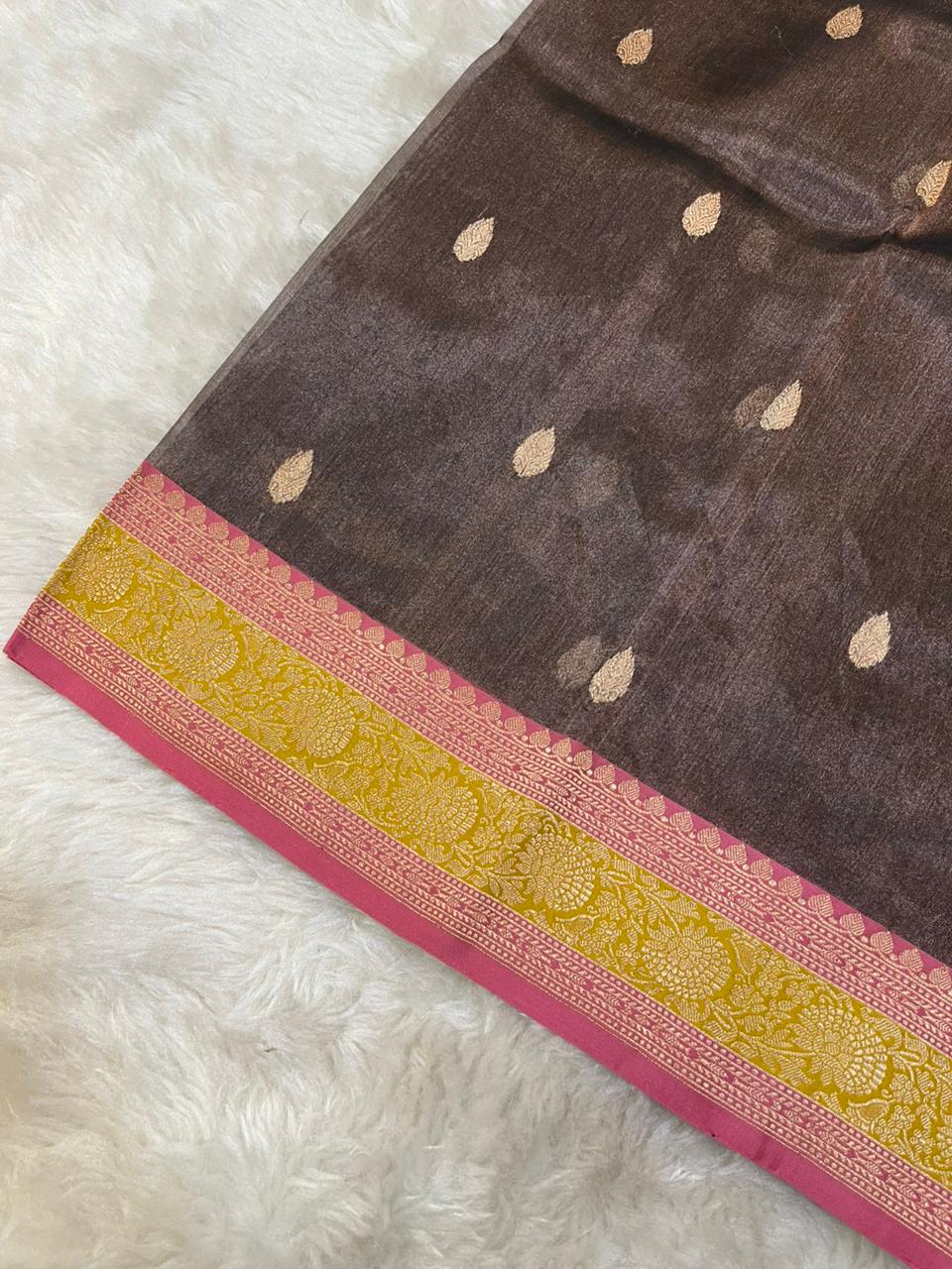 Luminous Bronze Pure Tissue Banarasi Saree with Zari Butis & Vibrant Contrast Borders