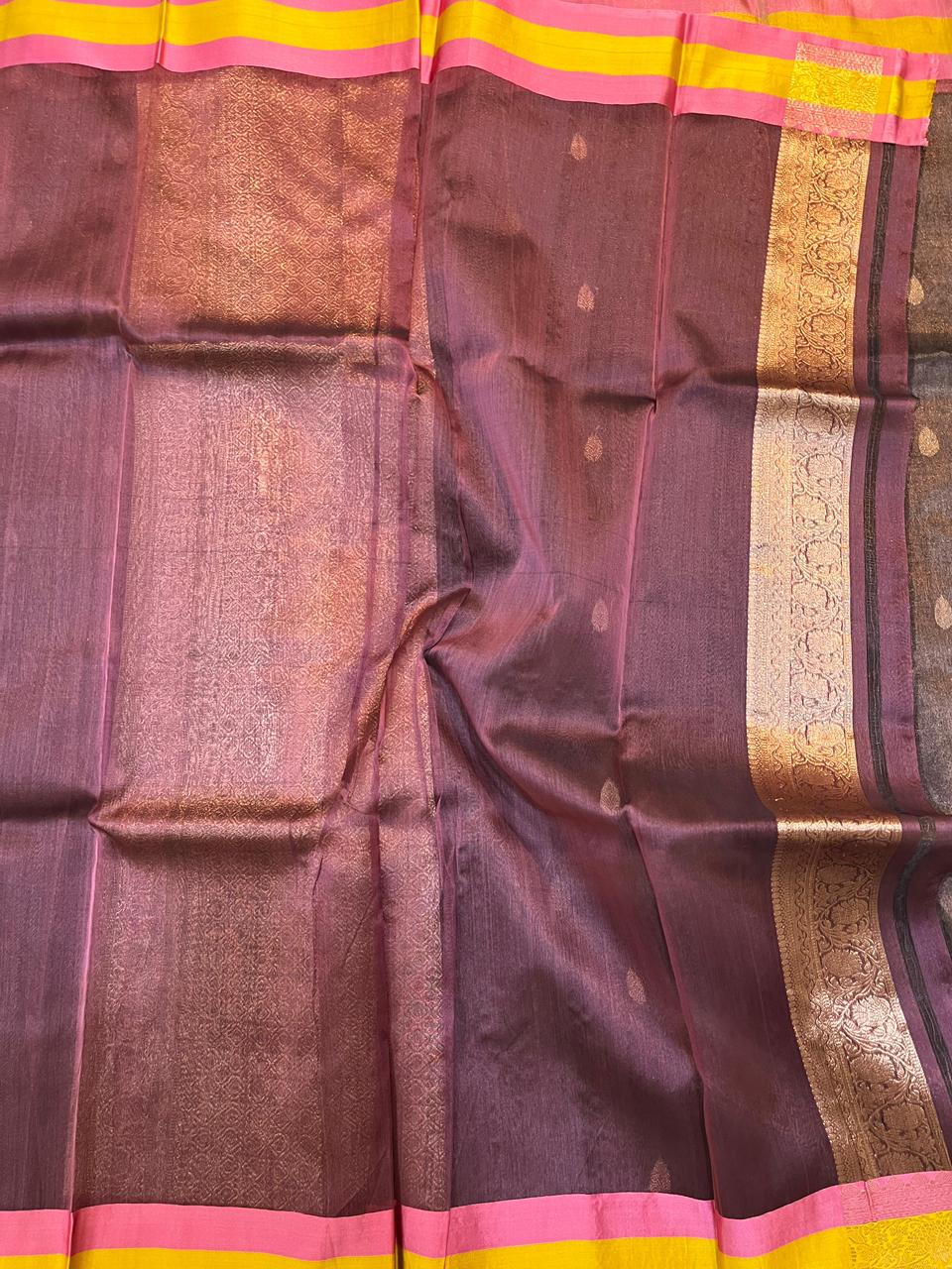 Luminous Bronze Pure Tissue Banarasi Saree with Zari Butis & Vibrant Contrast Borders