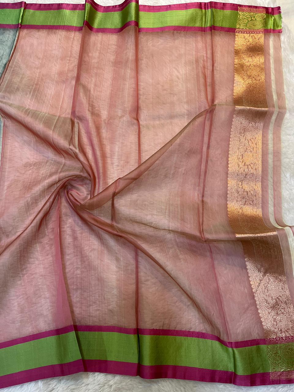 Luminous Teal Blue Pure Tissue Banarasi Saree with Zari Butis & Contrast Pink-Green Border