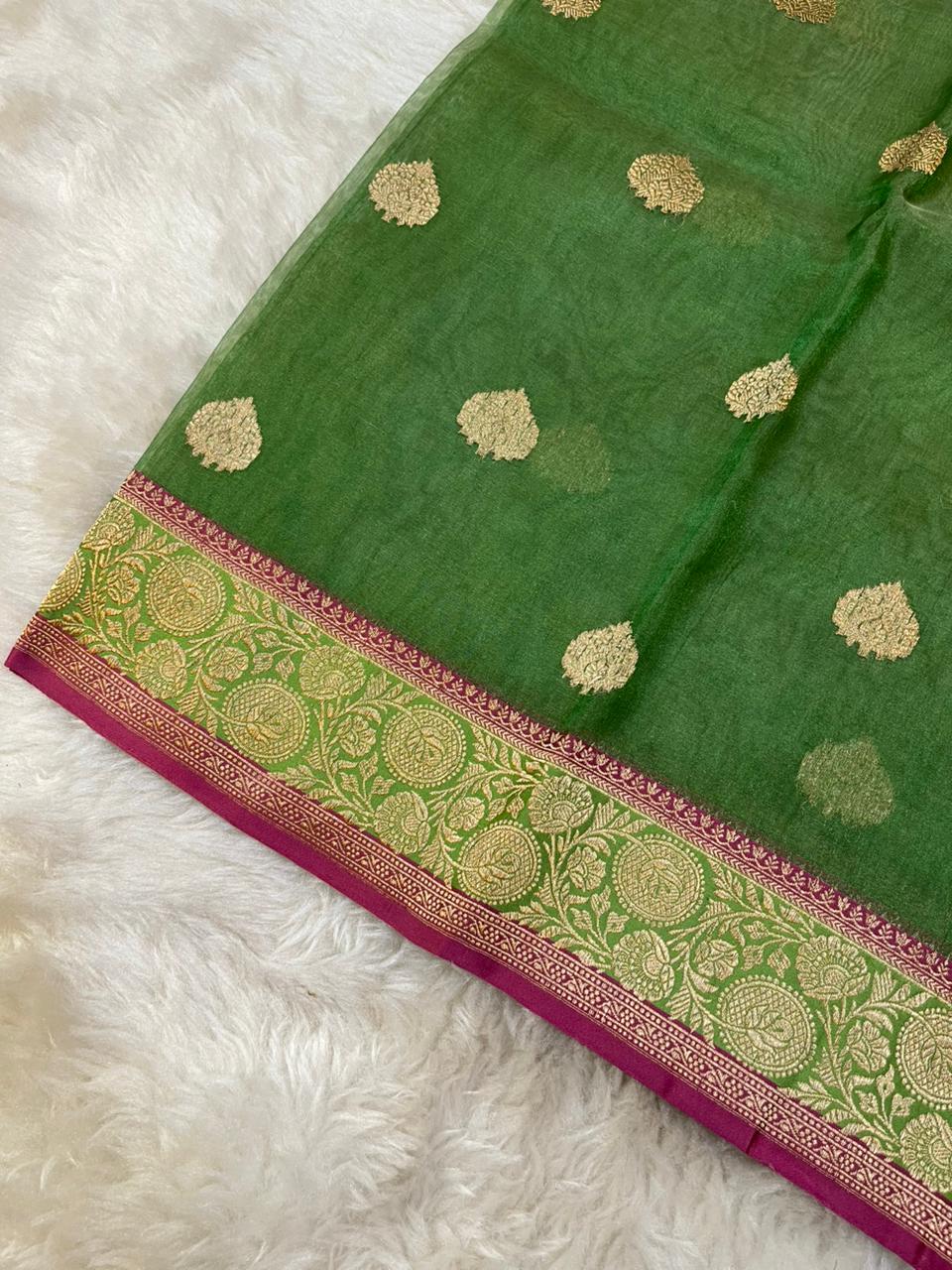 Ethereal Rose Gold Pure Tissue Banarasi Saree with Contrast Pink & Green Borders