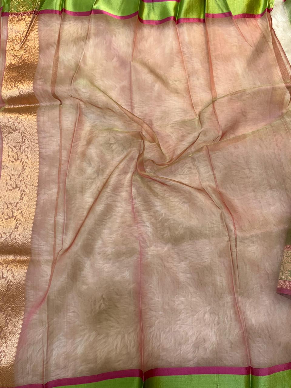 Ethereal Rose Gold Pure Tissue Banarasi Saree with Contrast Pink & Green Borders