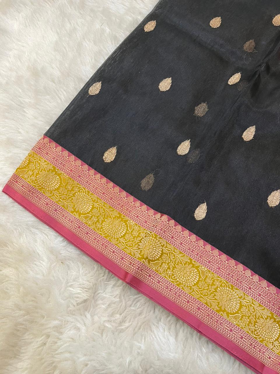 Majestic Midnight Charcoal Pure Tissue Banarasi Saree with Zari Butis & Contrast Pink-Yellow Borders