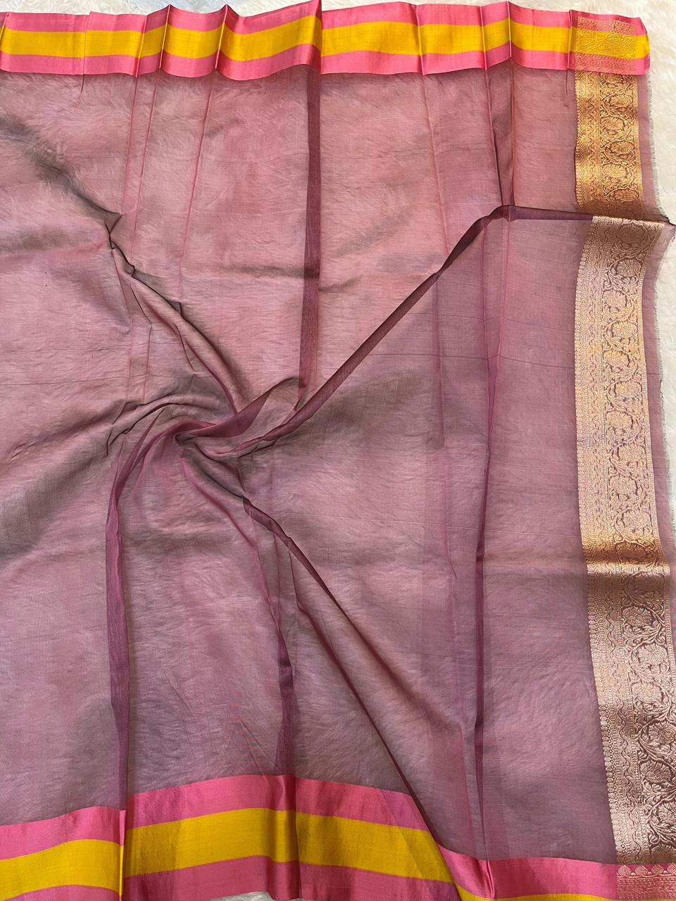 Majestic Midnight Charcoal Pure Tissue Banarasi Saree with Zari Butis & Contrast Pink-Yellow Borders