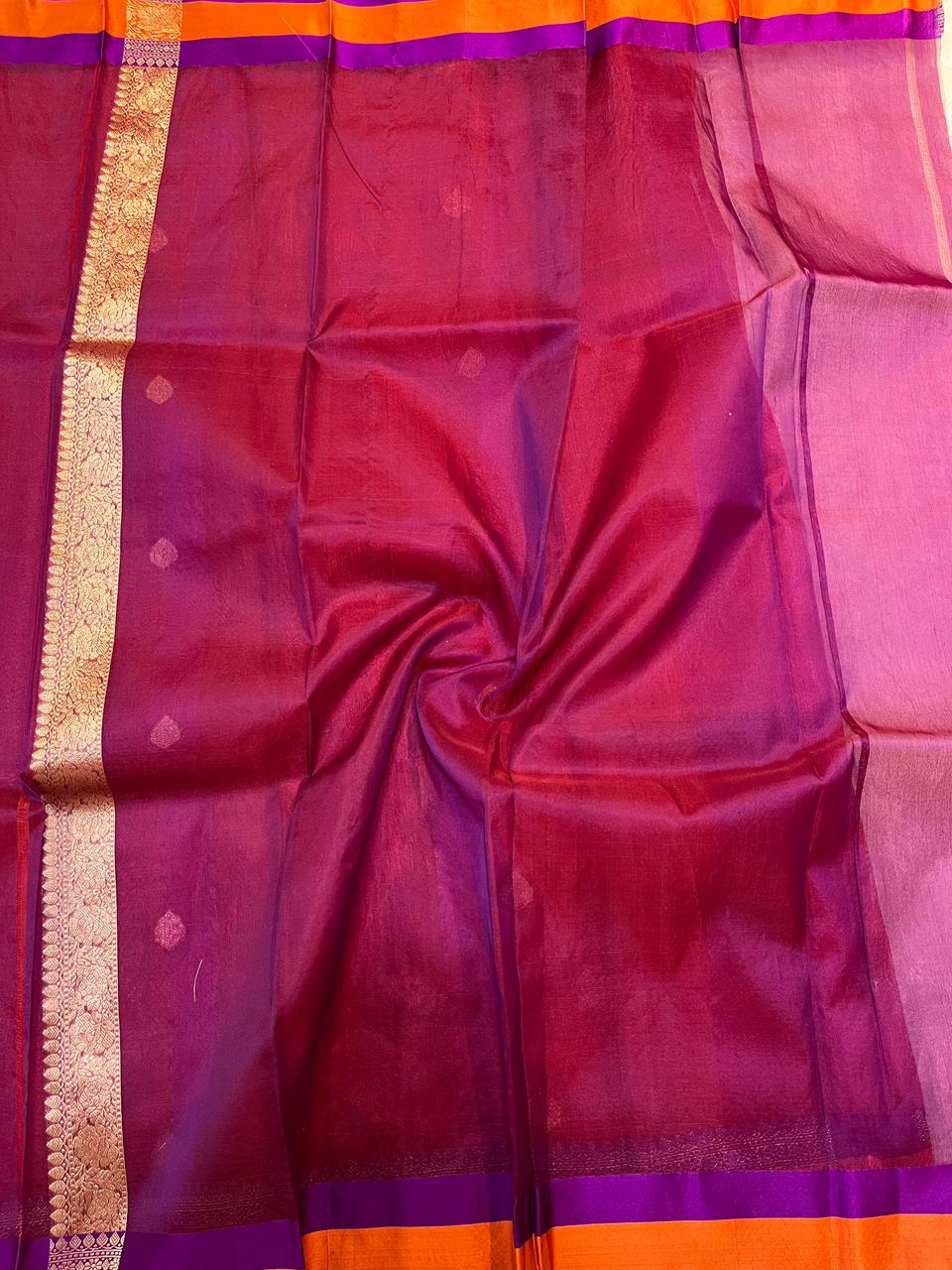 Luminous Ruby Red Pure Tissue Banarasi Saree with Zari Butis & Contrast Purple-Orange Borders