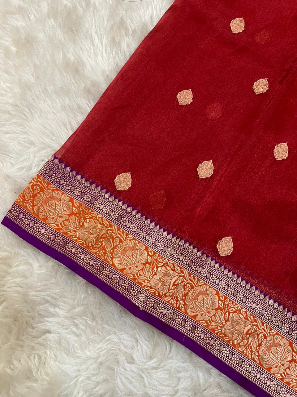 Luminous Ruby Red Pure Tissue Banarasi Saree with Zari Butis & Contrast Purple-Orange Borders