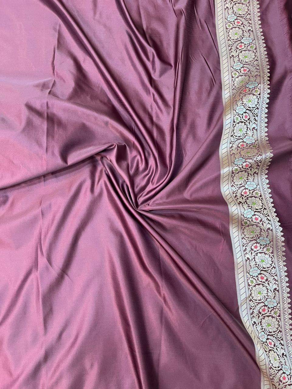Exquisite Deep Aubergine mashru Silk Banarasi Saree with Silver Zari & Meenakari Floral Vines