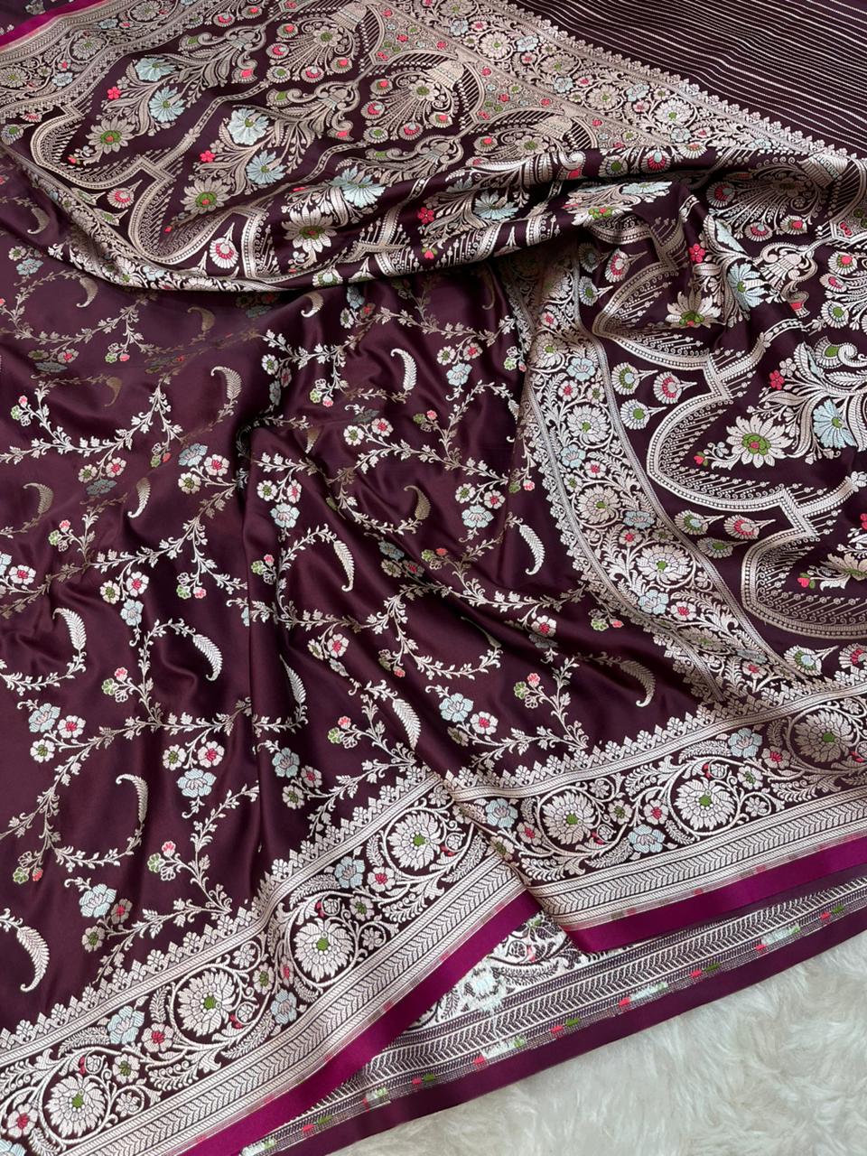 Exquisite Deep Aubergine mashru Silk Banarasi Saree with Silver Zari & Meenakari Floral Vines