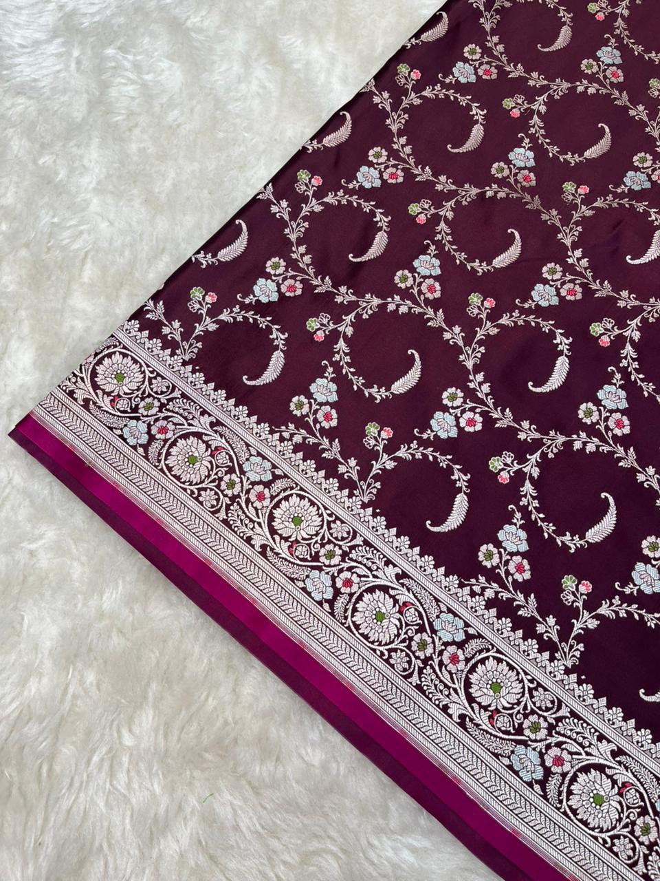 Exquisite Deep Aubergine mashru Silk Banarasi Saree with Silver Zari & Meenakari Floral Vines