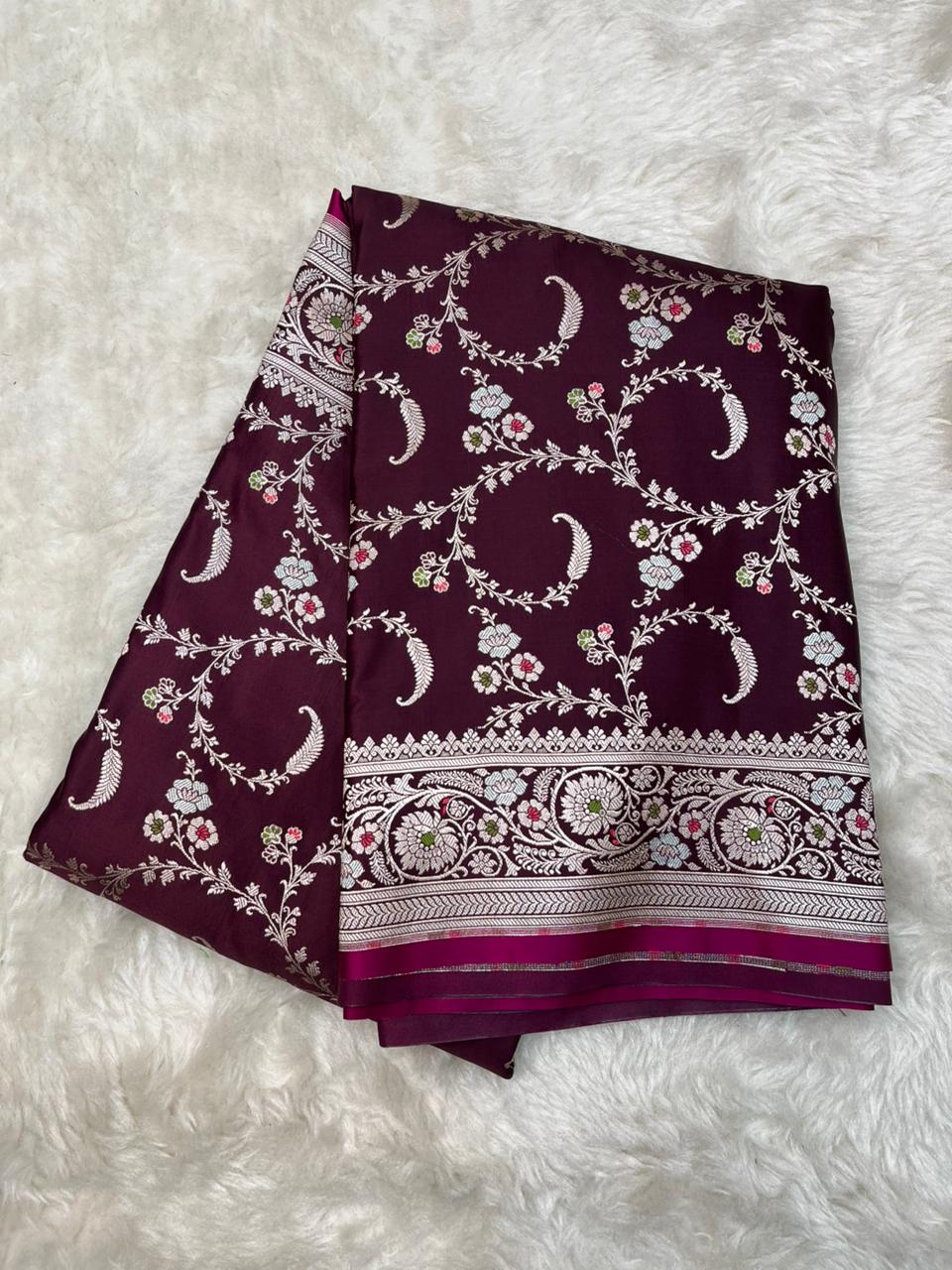Exquisite Deep Aubergine mashru Silk Banarasi Saree with Silver Zari & Meenakari Floral Vines
