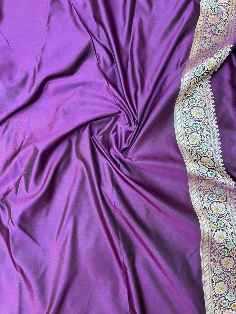 Royal Amethyst Purple Mashru Silk Banarasi Saree with Silver Zari & Meenakari Floral Vines