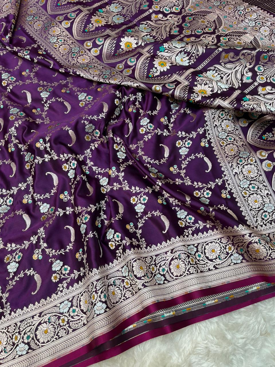 Royal Amethyst Purple Mashru Silk Banarasi Saree with Silver Zari & Meenakari Floral Vines
