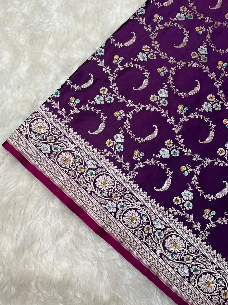 Royal Amethyst Purple Mashru Silk Banarasi Saree with Silver Zari & Meenakari Floral Vines