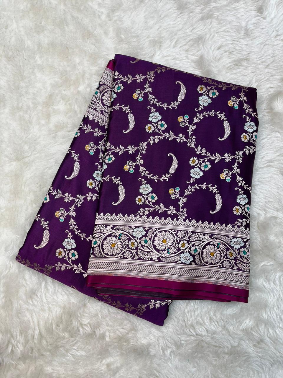 Royal Amethyst Purple Mashru Silk Banarasi Saree with Silver Zari & Meenakari Floral Vines