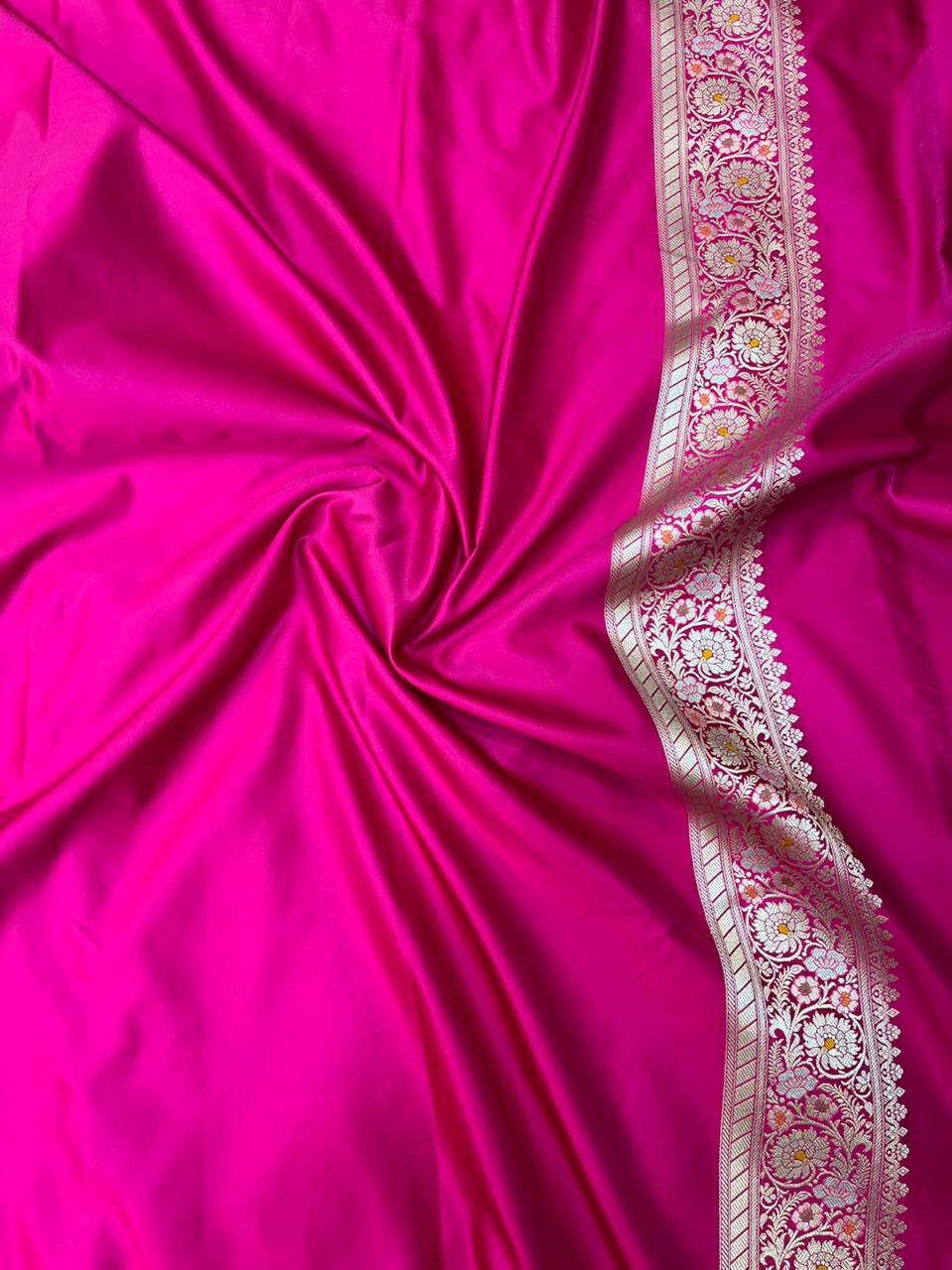 Vibrant Rani Pink mashru Silk Banarasi Saree with Silver Zari & Meenakari Floral Vines