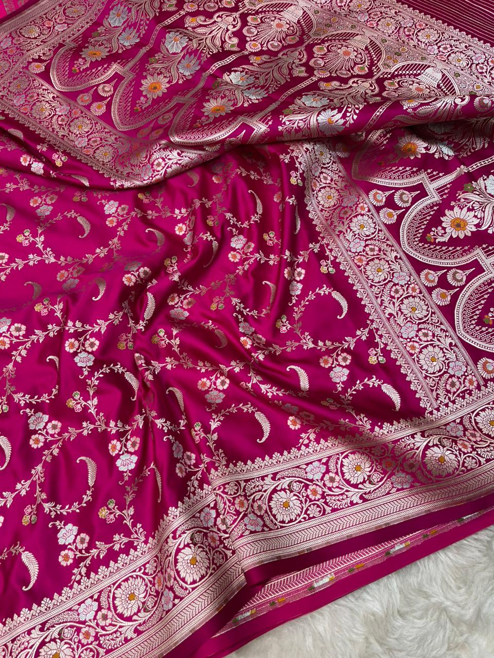 Vibrant Rani Pink mashru Silk Banarasi Saree with Silver Zari & Meenakari Floral Vines
