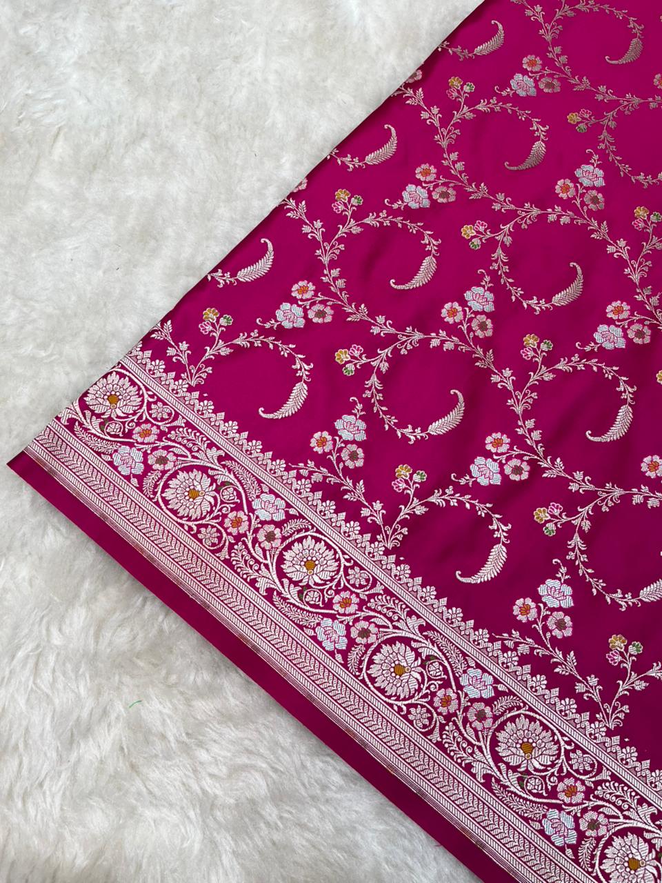 Vibrant Rani Pink mashru Silk Banarasi Saree with Silver Zari & Meenakari Floral Vines