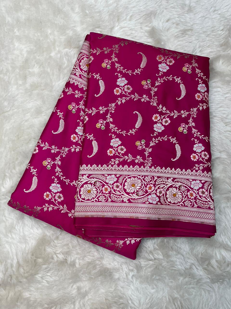 Vibrant Rani Pink mashru Silk Banarasi Saree with Silver Zari & Meenakari Floral Vines