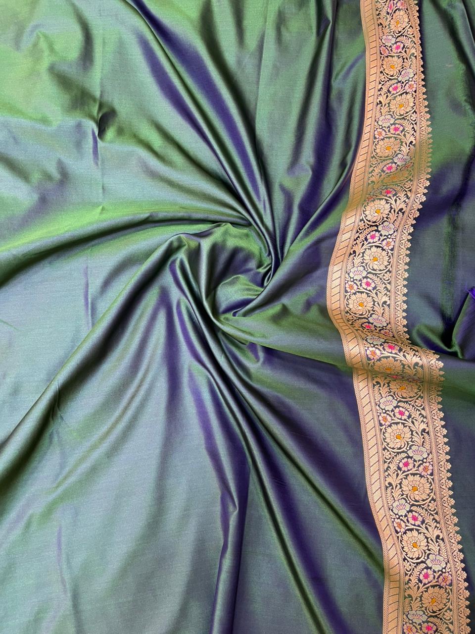 Enchanting Forest Green Mashru Silk Saree with Silver Zari Jaal & Meenakari Work