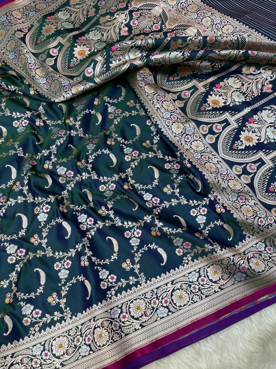 Enchanting Forest Green Mashru Silk Saree with Silver Zari Jaal & Meenakari Work