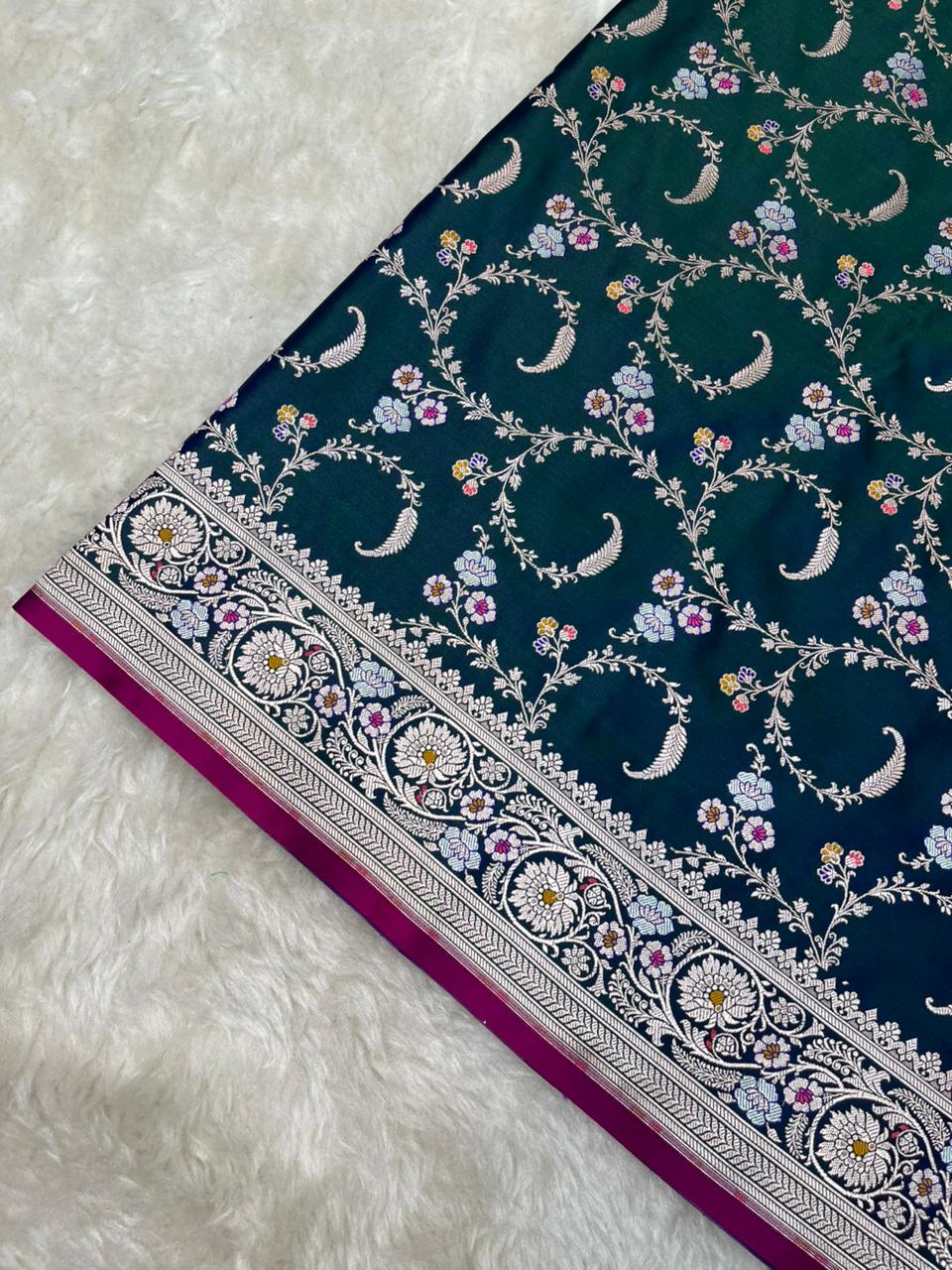 Enchanting Forest Green Mashru Silk Saree with Silver Zari Jaal & Meenakari Work